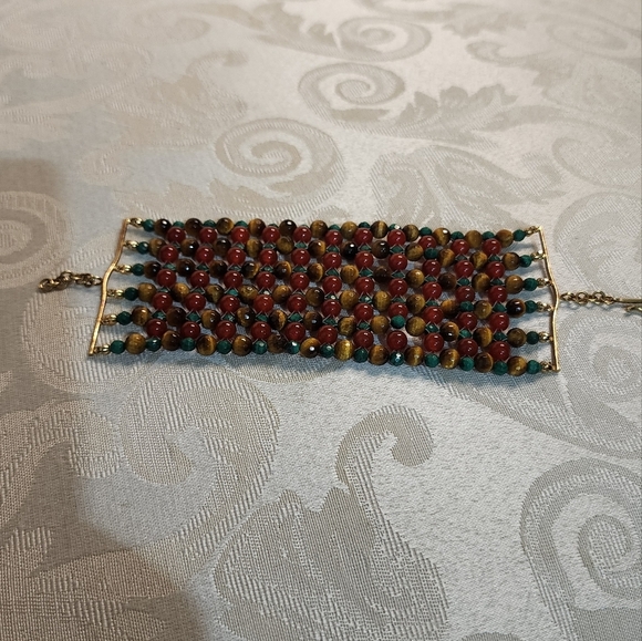 VINTAGE 1970s Natural Stone BRACELET – Vein Agate, Malachite, Tiger Eye - Picture 5 of 14